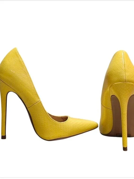 Yellow High Heel Pumps With Faux Snakeskin Texture & Pointed Toe Design - Picture 4 of 16
